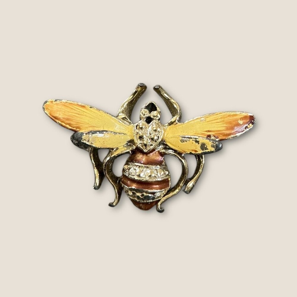 Vintage Bee Brooch Gold-Tone Rhinestone Accents Yellow & Brown Enamel 1.5x1 Inch